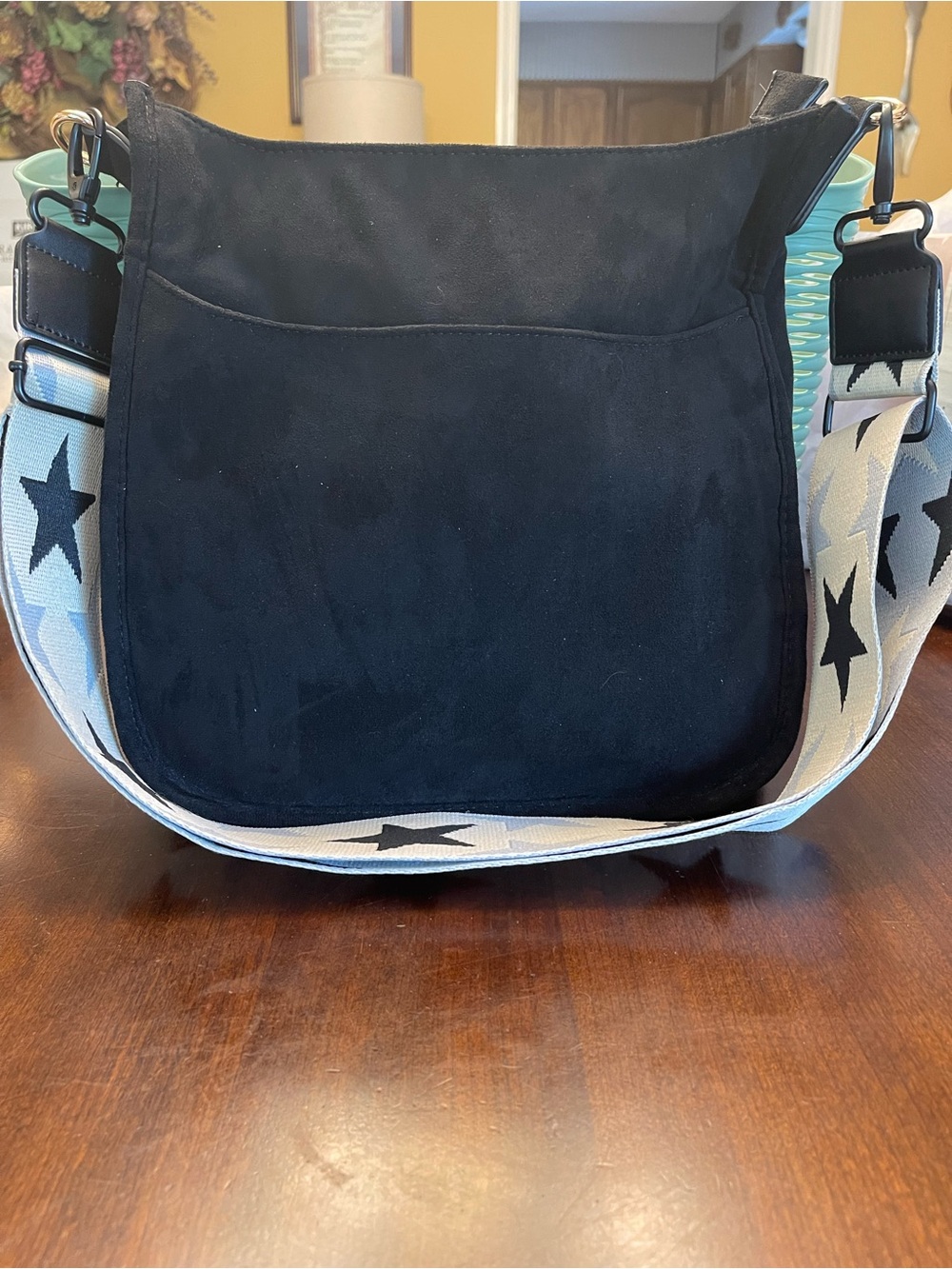 Ah-dorned Suede Black Crossbody Bag With a designed Stars Strap - Picture 4 of 11